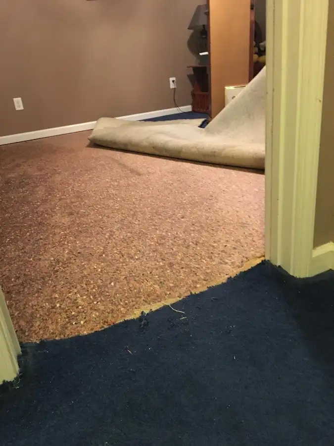 Carpet pad removal revealing water damage during Water Mitigation Services in Aiken